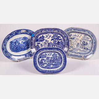 Four English Blue Willow Transferware Platters