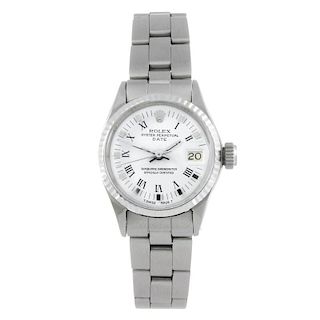 ROLEX - a lady's Oyster Perpetual Date bracelet watch. Circa 1969. Stainless steel case with white m
