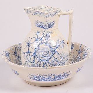 English Blue and White Transferware Wash Basin and Pitcher