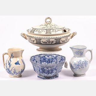 Four English Transferware Soup Tureen, Pitcher and Bowl