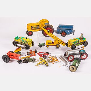 Fifteen Vintage Tin Lithograph Tractor Toys and Elements