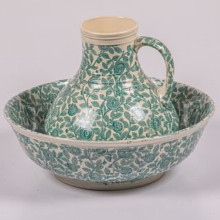 English Green and White Transferware Wash Basin and Pitcher