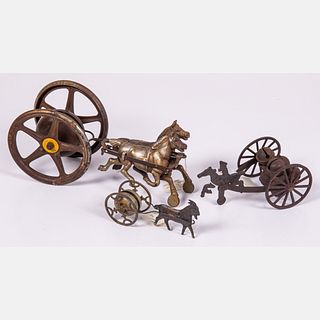 Three Cast Iron and Metal Horse Drawn Gong Bell Toys