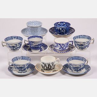 Seven English Transferware Cups and Saucers