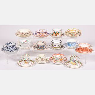 Fourteen English Transferware Cups and Saucers