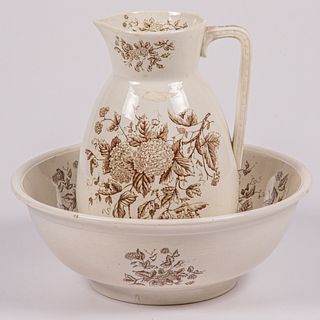  English Brown and White Transferware Wash Basin and Pitcher