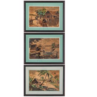 A Group of Three Asian Gouache Paintings on Silk
