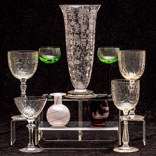 Colored and Clear Etched and Blown Glass Stemware and Vases