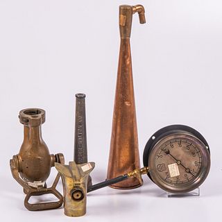 Five Copper, Brass and Metal Fire Hose Nozzles, Steam Gauge