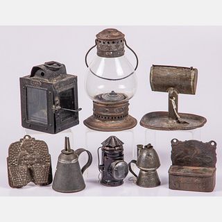 Eight Metal and Glass Lanterns, Lamps and Match Safes