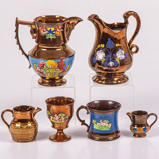 Six English Lustreware Pitchers and Cups