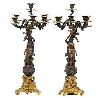 Pr. French Patinated & Dore Bronze Candelabras
