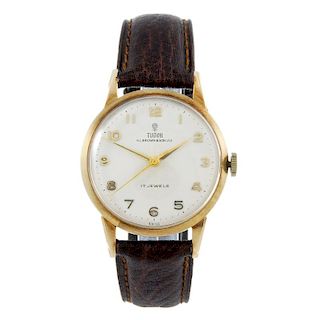 TUDOR - a gentleman's wrist watch. 9ct yellow gold case with engraved case back, hallmarked London 1