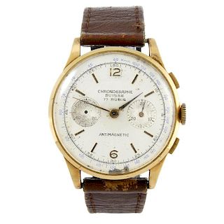 CHRONOGRAPHE SWISSE - a gentleman's chronograph wrist watch. Yellow metal case, stamped 18K 0,750. U