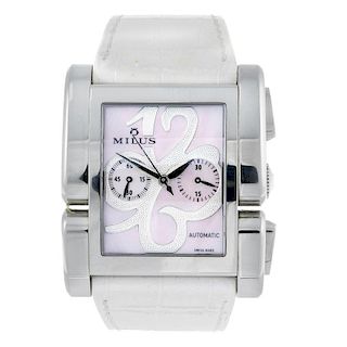 MILUS - a lady's Apiana chronograph wrist watch. Stainless steel case with exhibition case back. Ref