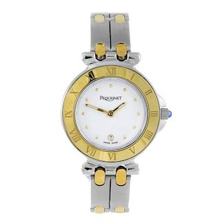 PEQUIGNET - a lady's bracelet watch. Stainless steel case with gold plated chapter ring bezel. Numbe