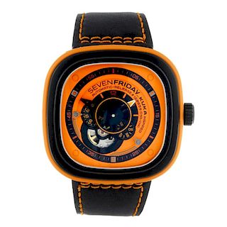 SEVENFRIDAY - a gentleman's wrist watch. PVD coated stainless steel and orange rubber case. Numbered