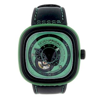 SEVENFRIDAY - a gentleman's wrist watch. PVD coated Stainless steel and green rubber case. Numbered