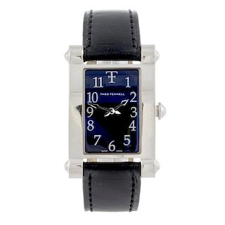 THEO FENNELL - a mid-size Anglo wrist watch. 18ct white gold case. Unsigned quartz movement. Black d
