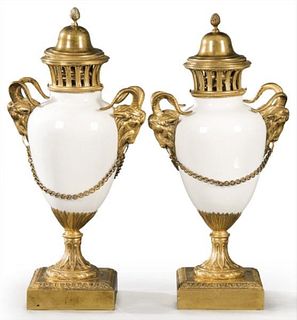 Pair of 19th C. Louis XVI Gilt Bronze & Porcelain Ram