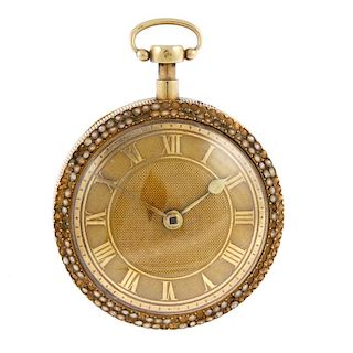 An open face repeater pocket watch. Yellow metal case with split pearl decoration and later enamelle