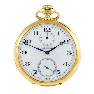 An open face eight day chronometer pocket watch by Longines. Yellow metal case, stamped 18k with poi