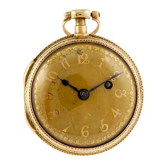 An open face pocket watch. Yellow metal case. Unsigned key wind full plate fusee and chain movement