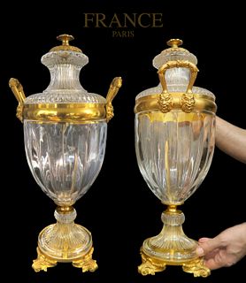Pair of Large French Baccarat Crystal Bronze Vases