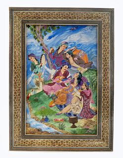 Large Persian Isfahan Miniature Painting by Mehr Circa