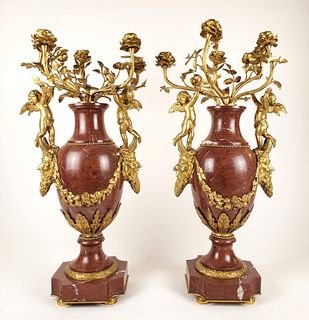 Pair of Large 19th C. Rouge Marble & Gilt Bronze