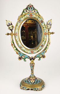 19th C. French Champleve Enamel & Bronze Mirror