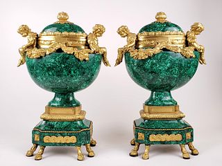 Pair of 19th C. Malachite & Gilt Bronze Vases