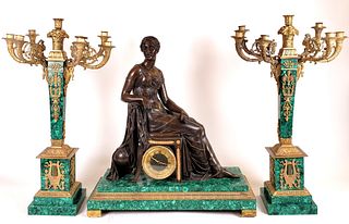 19th C. Malachite & Bronze Figural Clockset