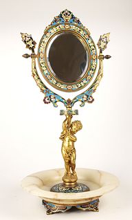 19th C. French Champleve Enamel & Bronze Figural MIrror