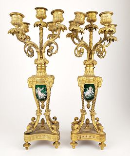 Pair of 19th C. French Gilt Bronze & Enamel Candelabras