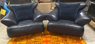 Pair Post Modern Blue Leather Club Chairs 