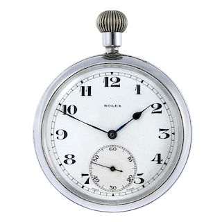 An open face military issue pocket watch by Rolex. Nickel plated case. Stamped with British Broad Ar