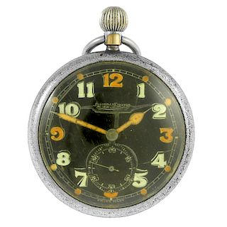 An open face military issue pocket watch by Jaeger-LeCoultre. Base metal case. Stamped with British