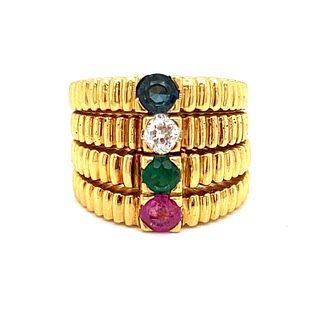Tutti Frutti Art Deco 18k Diamond Ruby Emerald Sapphire Ring