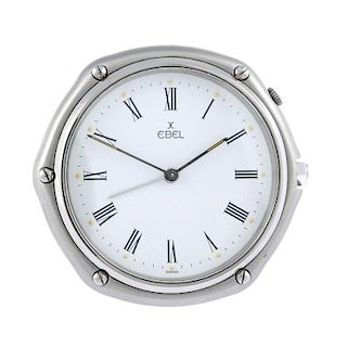 An alarm travel clock by Ebel. Stainless steel case, numbered 144 1105001 9105001. Unsigned quartz m