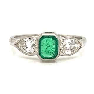 Art Deco Platinum Diamond Emerald Engagement RingÂ 