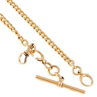 A 15ct gold curb link Albert chain, with 15ct gold T-bar, 15ct gold lobster clasp, each link stamped