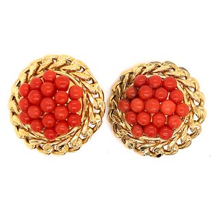 18k Round Red Coral Clip Earrings