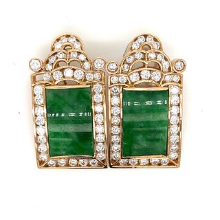 18k Diamond Jade Jadeite Square Clip Earrings