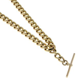 A yellow metal Albert chain with T-bar and lobster clasp termination. 46cm. 86gms. <br><br> Chain sh