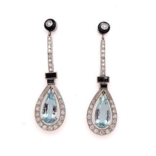 Platinum Aqua Diamond Onyx Drop Earrings