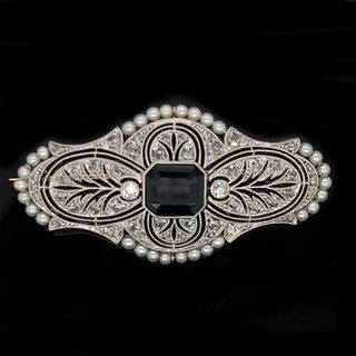 Art Nouveau Platinum Diamond Pearl Sapphire Bar BroochÂ 