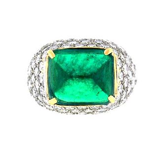 Platinum 18k Emerald Cabochon & Diamond GIA Ring