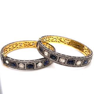 Indian Victorian 18K& Silver Sapphire and Diamond Bangle Set of 2
