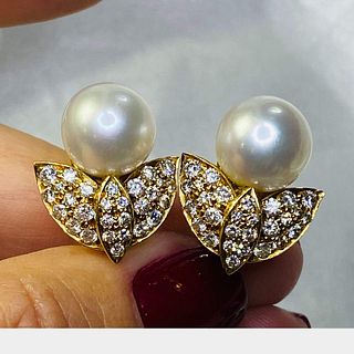 18K Yellow Gold Diamond and South Sea Pearl Earrings